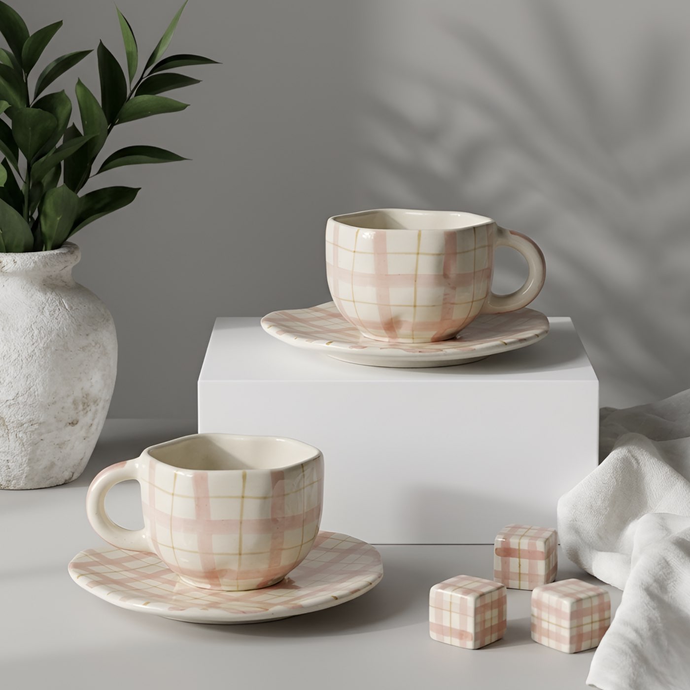 Blush Checks Cup & Saucer