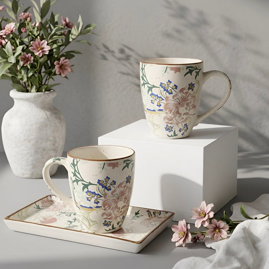 Botanical Bloom Decal Coffee Mug with Tray